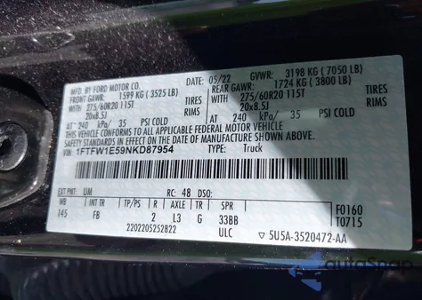 2022 Ford F-150 Xlt from USA, damaged, VIN 1FTFW1E59NKD87954